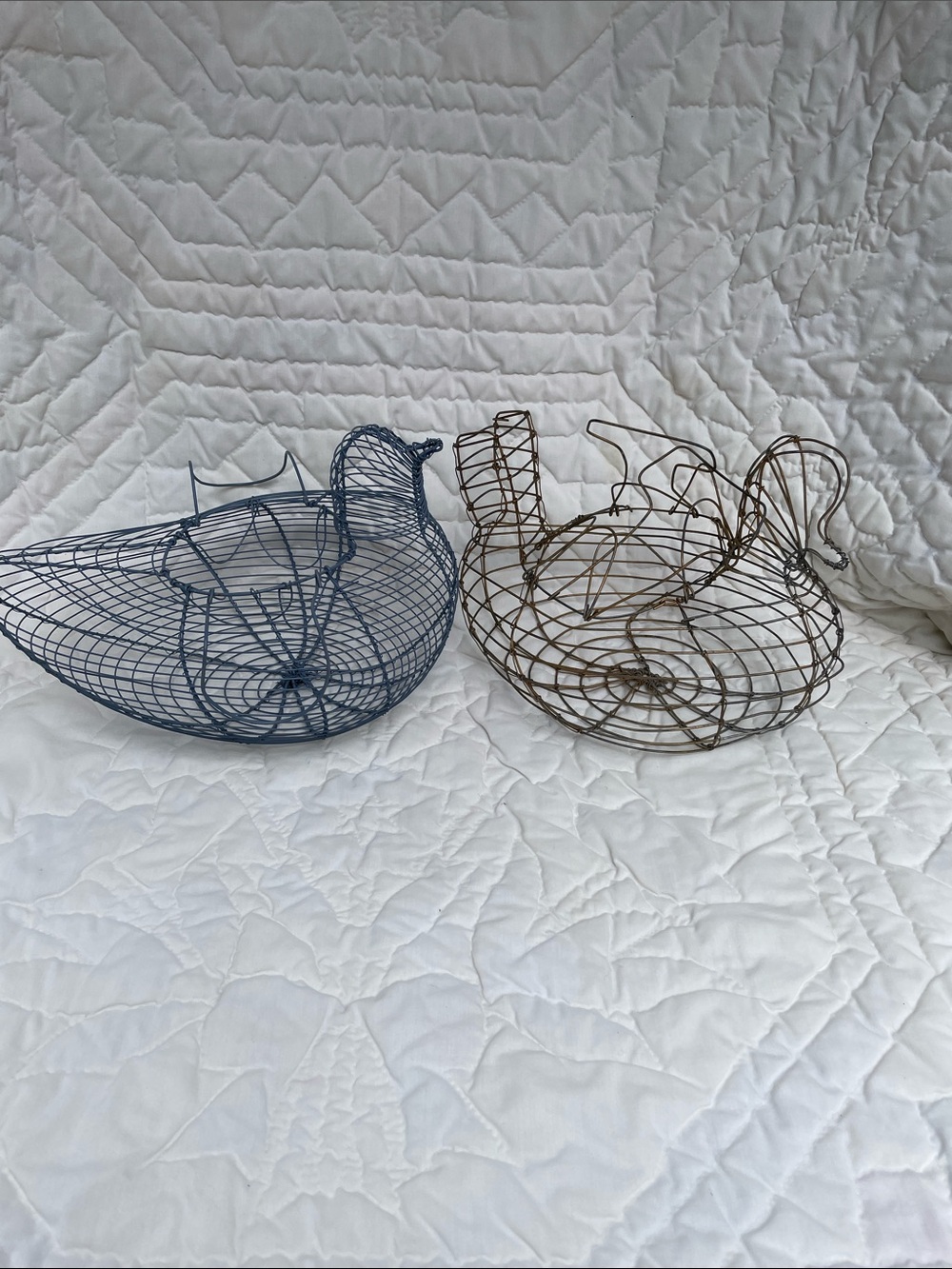 Pair of Wire Chicken Basket Sculptures in Blue & Copper